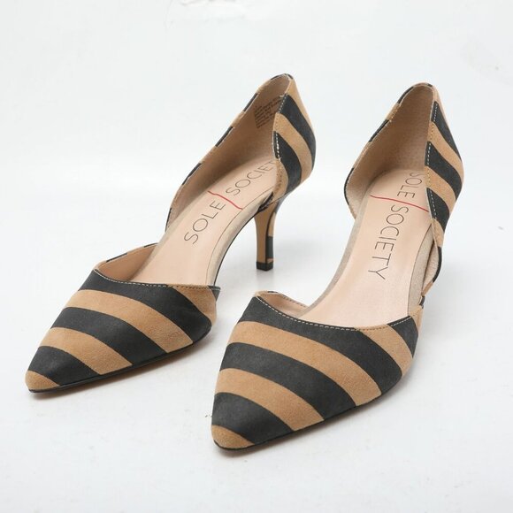 Sole Society JENN Striped Suede d'Orsay Pumps Point Toe Heels Shoes Back Tan 7.5 - Picture 10 of 10